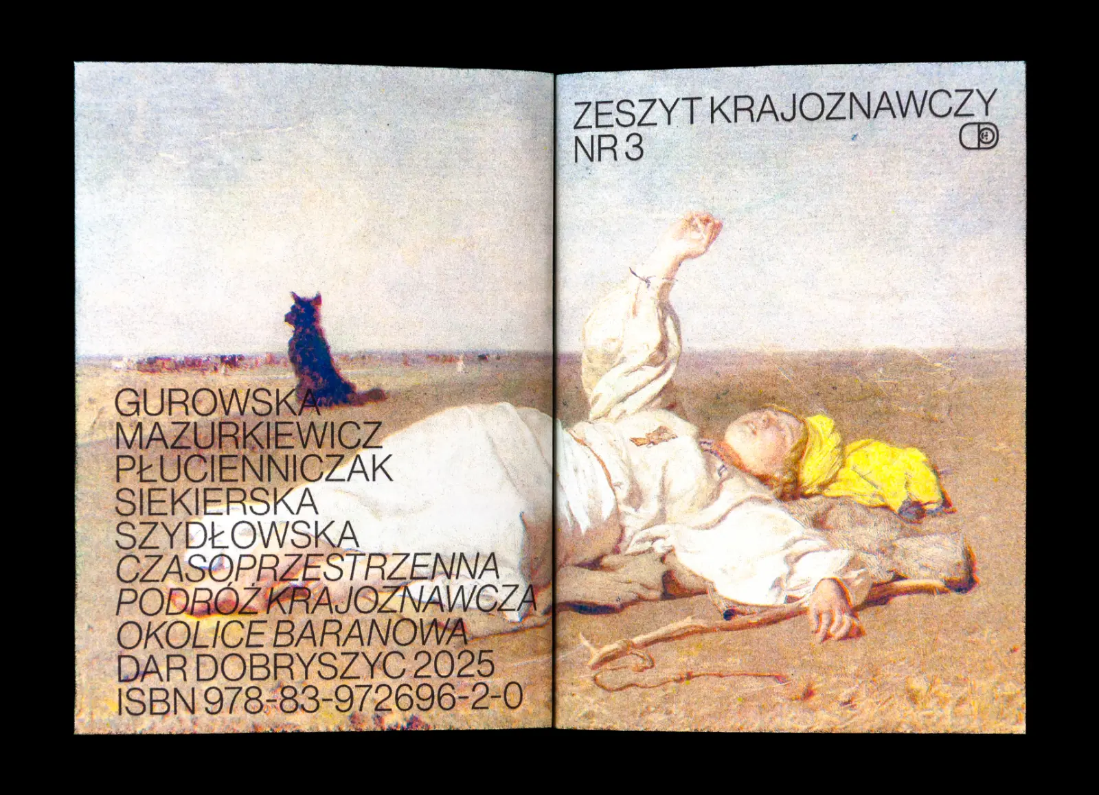 Przód i tył okładki publikacji. Napis „Zeszyt krajoznawczy nr 3” na froncie i lista autorów i autorek z tyłu. Pod spodem fragment obrazu Józefa Chełmońskiego „Babie lato”, na którym kobieta w białym stroju marzycielsko patrzy w niebo i chwyta pajęczą nić. Na drugim planie siedzi odwrócony czarny pies.