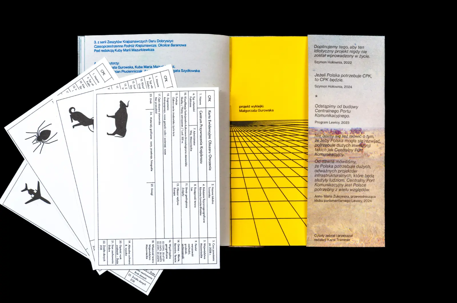 Rozkładówka zeszytu – widok ostatniej strony i trzeciej strony okładki. Na publikacji leżą czarno-białe karty wysunięte spod obwoluty.