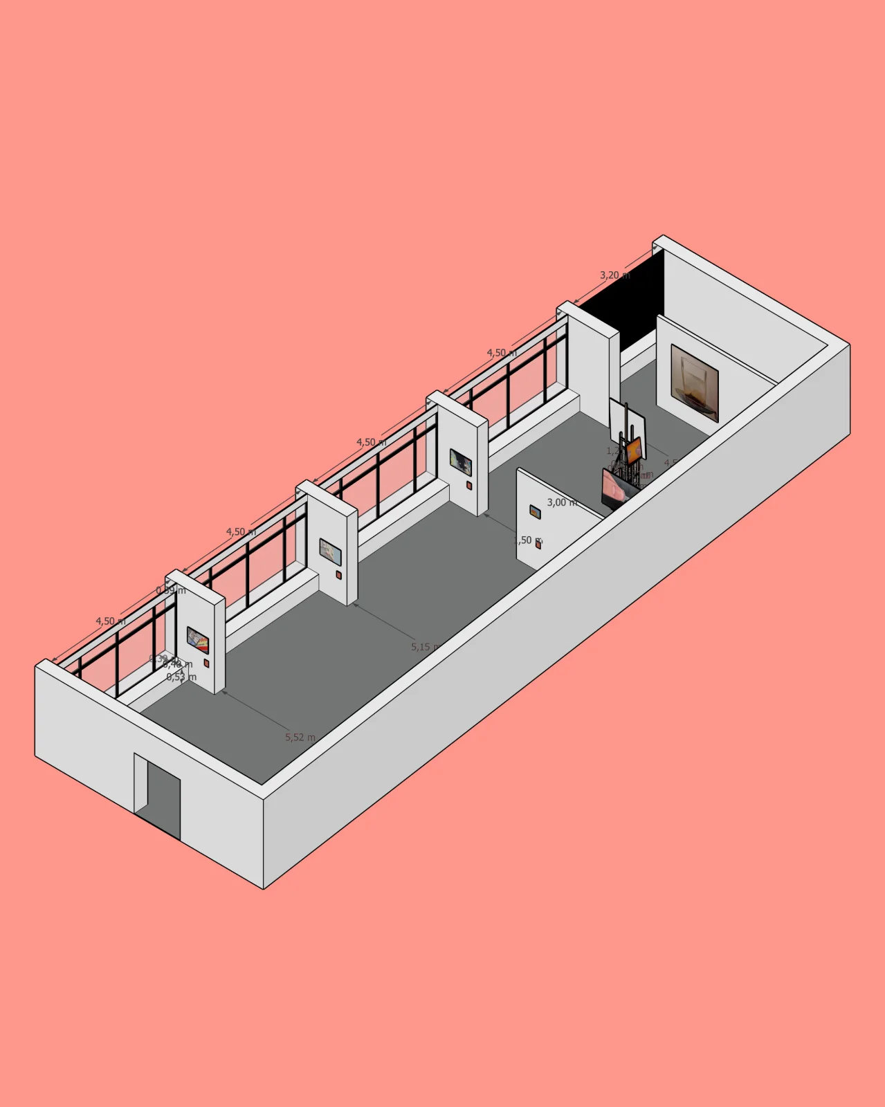 Trójwymiarowy rzut izometryczny wąskiego skrzydła galerii, pokazujący rozmieszczenie dzieł sztuki wzdłuż przeszklonego korytarza.