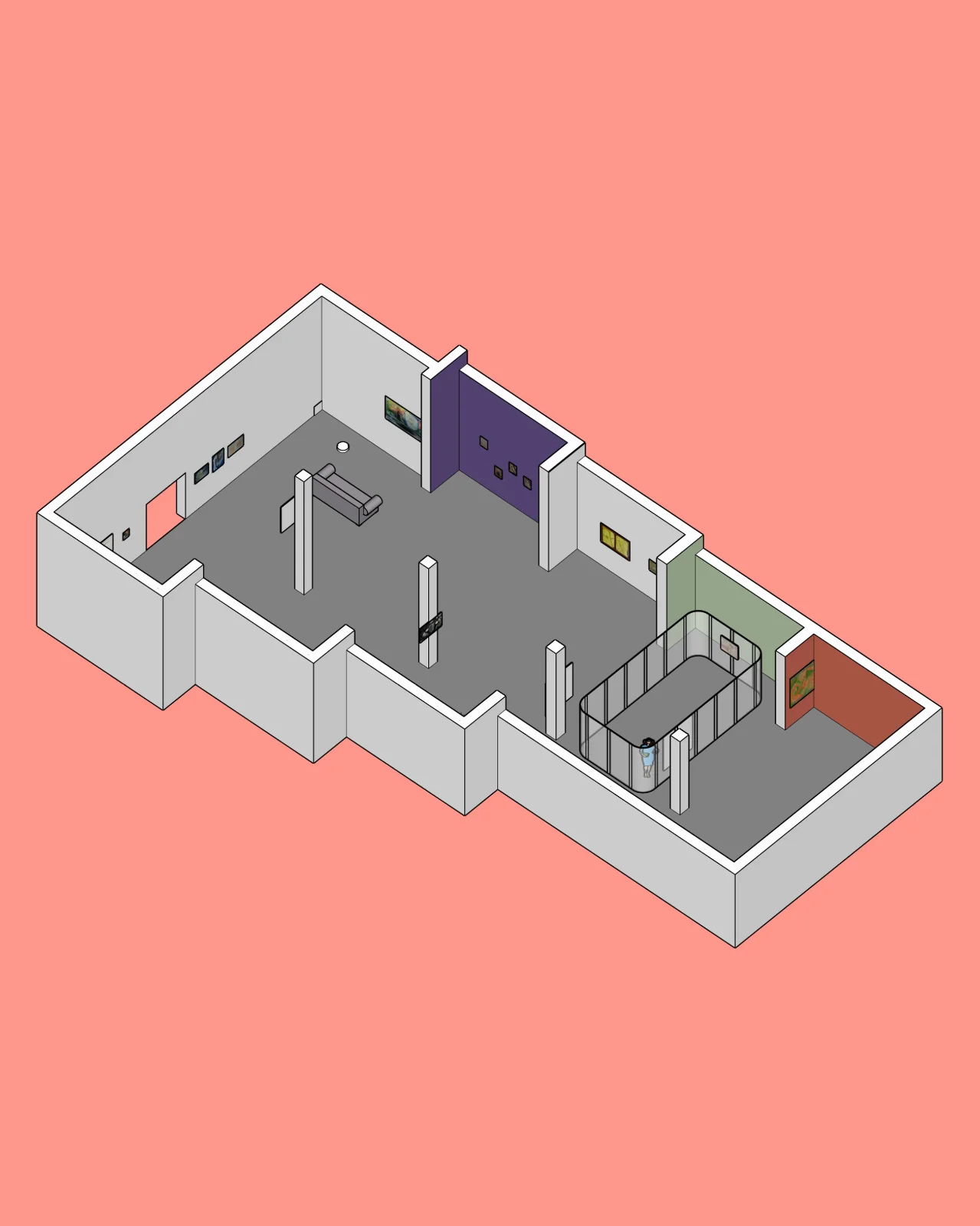 Izometryczny plan głównej sali galerii, przedstawiający białe filary, fioletową ścianę oraz centralną konstrukcję foliowej kaplicy.