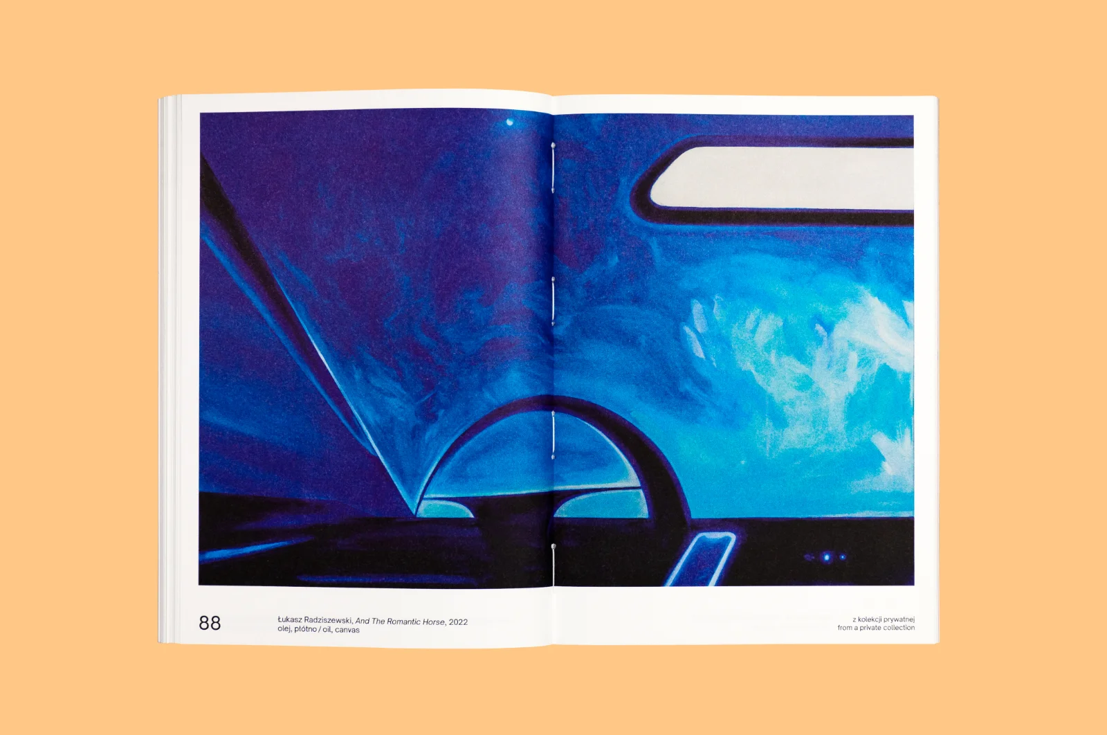 Rozkładówka książki z ciemnoniebieskim obrazem Łukasza Radziszewskiego przedstawiającym wnętrze samochodu nocą, zatytułowanym „And The Romantic Horse”.