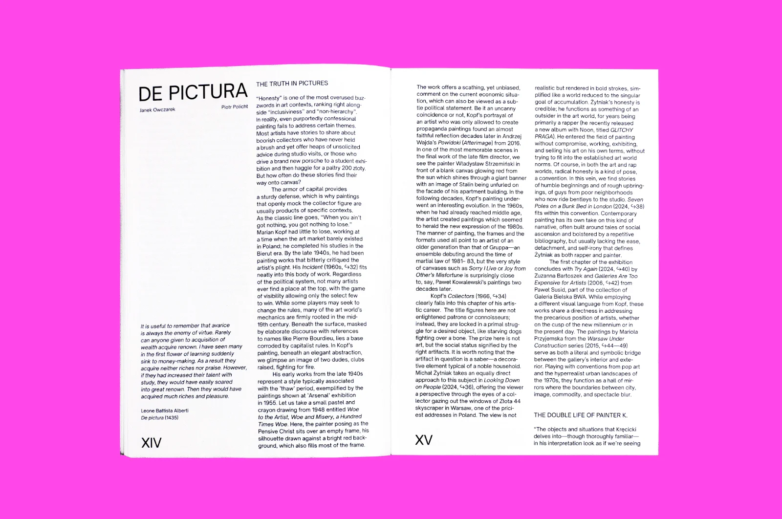 Otwarta rozkładówka książki na purpurowym tle z esejem zatytułowanym „DE PICTURA” autorstwa Janka Owczarka i Piotra Polichta.