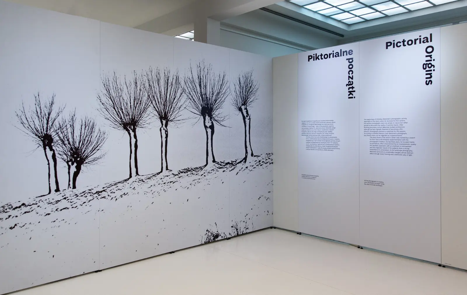 Widok wystawy „Fenomenalny. Zdzisław Beksiński”. Po prawej stronie wielkoformatowy wydruk czarno-białej fotografii przdstawiającej wierzby rosochate, po prawej tekst kuratorski.