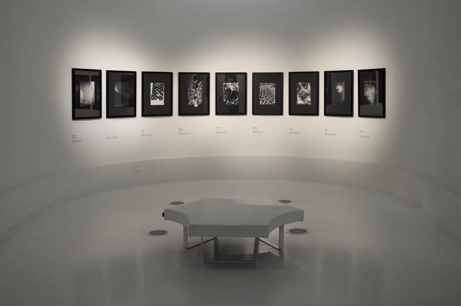 Widok wystawy „Fenomenalny. Zdzisław Beksiński”. Rząd abstrakcyjnych czarno-białych fotografii na białej ścianie.