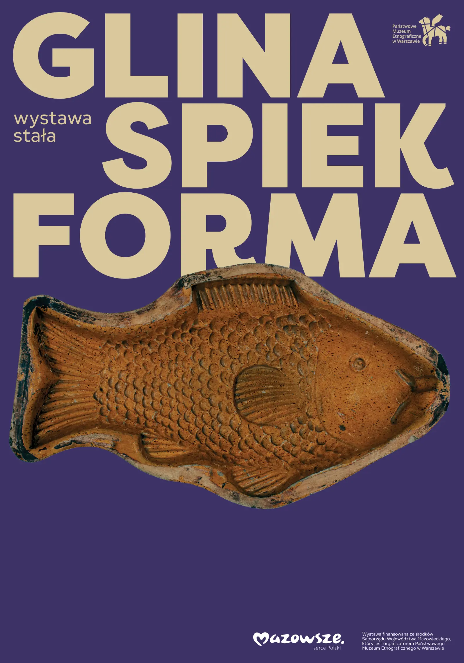 Poster for the exhibition “Clay, Sinter, Form.” Light purple background, brown clay fish in the center. Headline at the top of the composition.