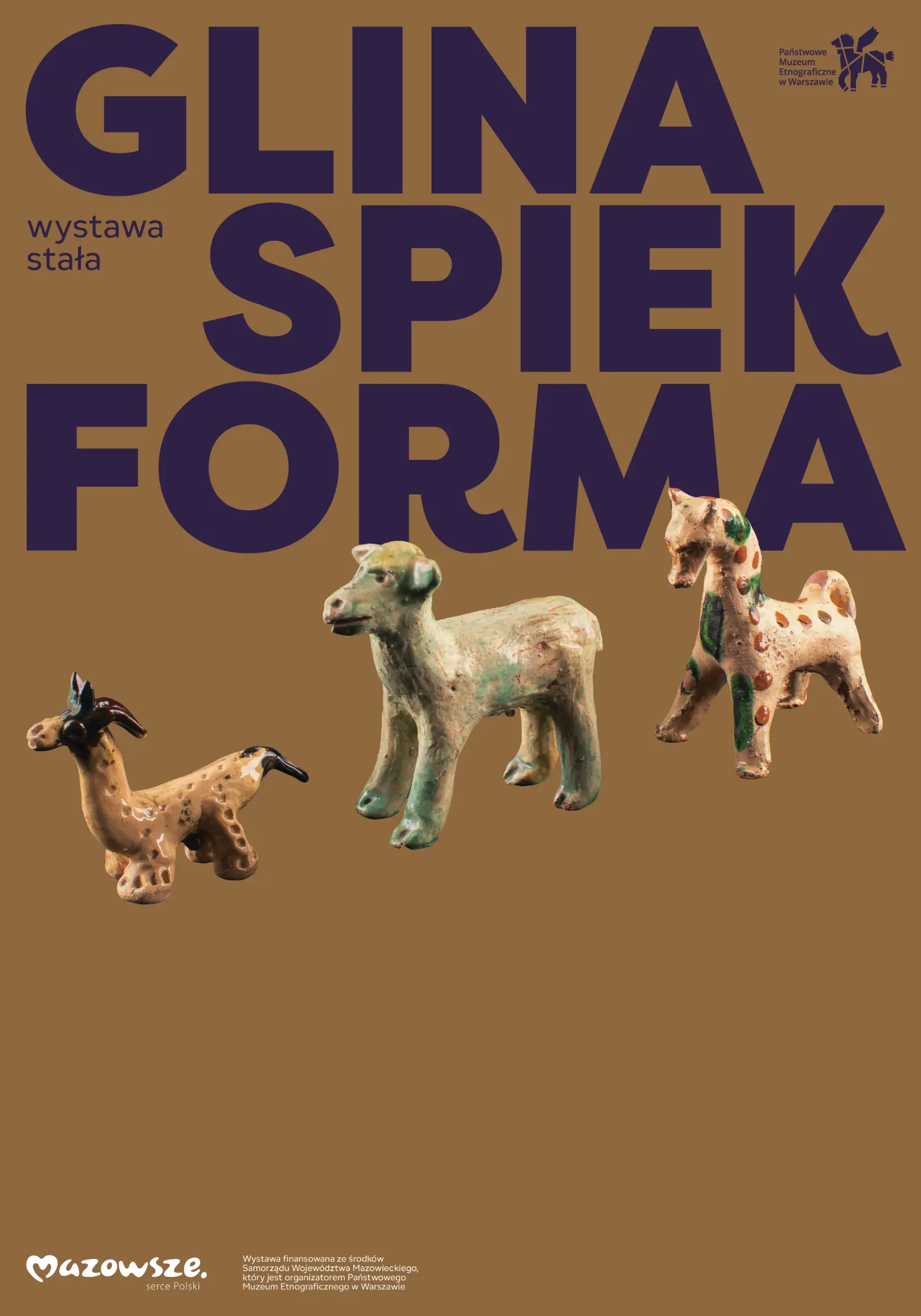 Poster for the exhibition “Clay, Sinter, Form.” Light brown background, diagonal arrangement of three clay animal figurines in the center. Headline at top of the composition.