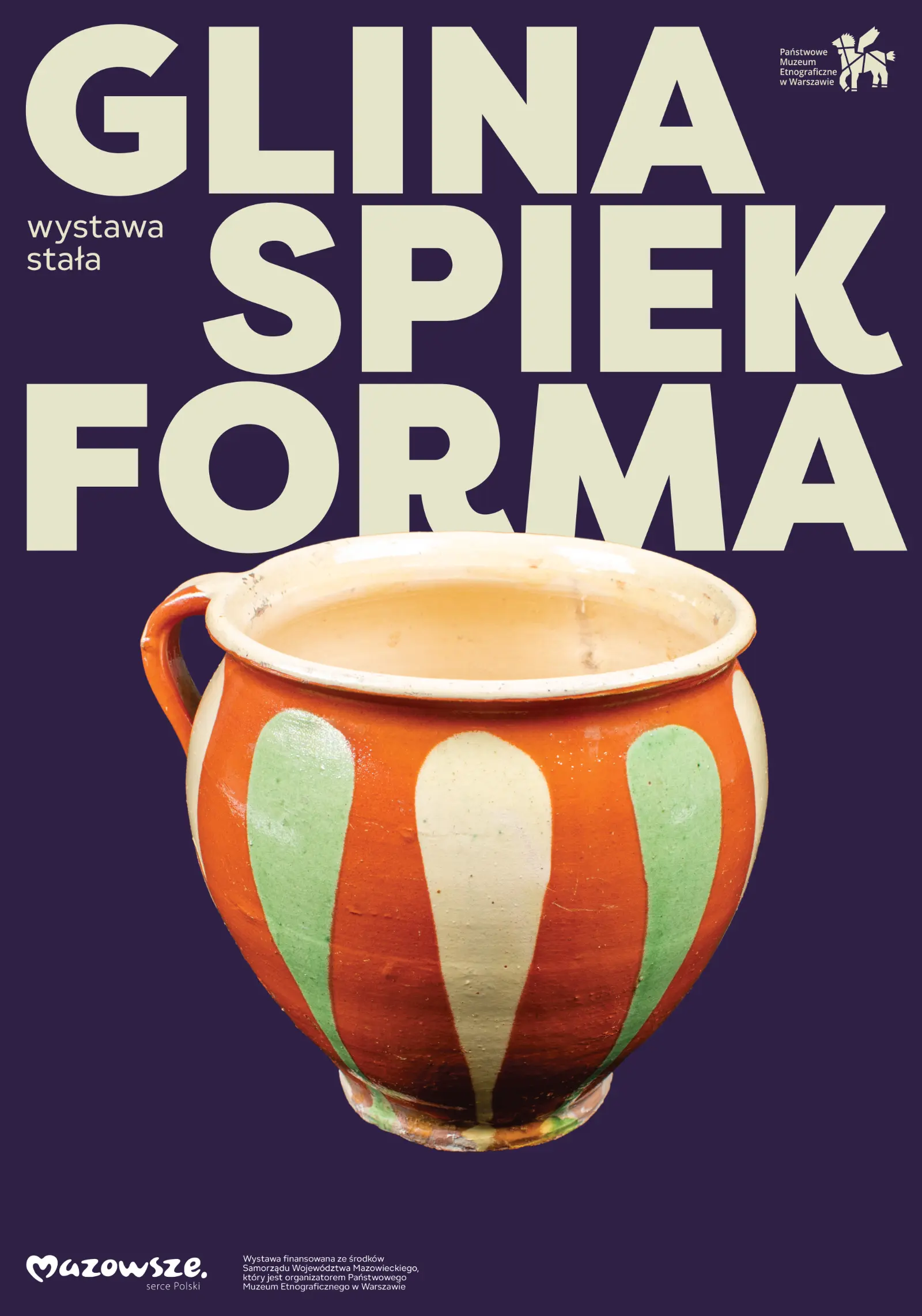 Poster for the exhibition “Clay, Sinter, Form.” Dark purple background, clay vessel at the bottom of the composition. Headline at the top of the composition.