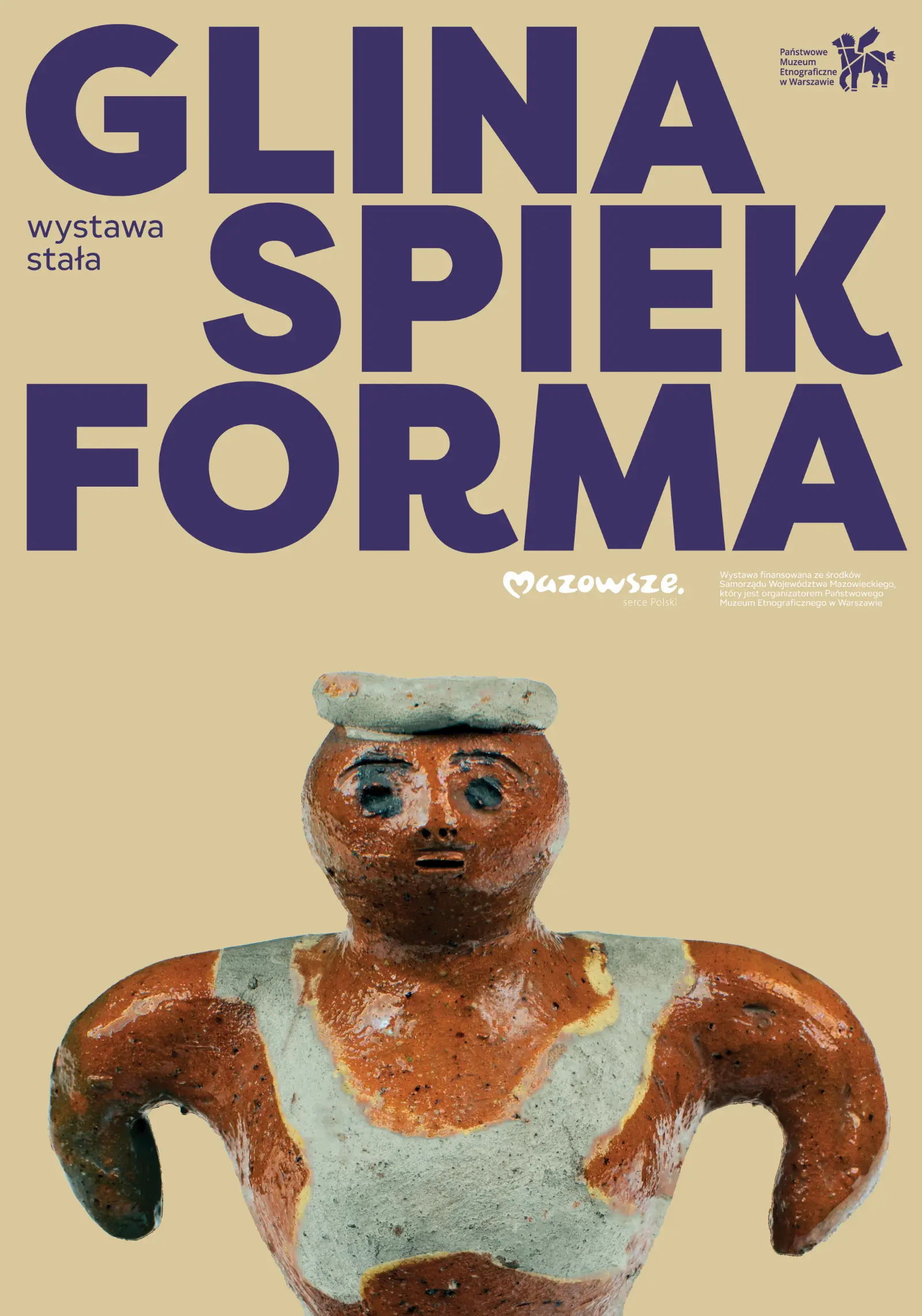 Poster for the exhibition “Clay, Sinter, Form.” Light cream background with the figure of a man with his arms wide apart. Headline at the top of the composition.