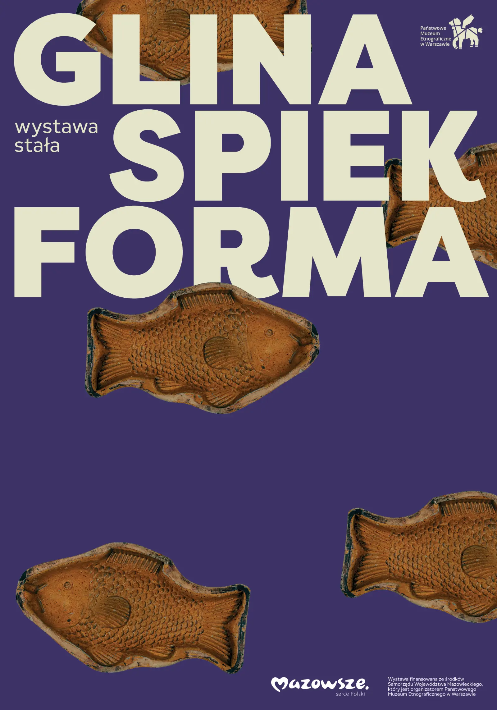 Poster for the exhibition “Clay, Sinter, Form.” Light purple background, the composition is filled with several brown clay fish. Headline at the top of the composition. The fish seem to swim above and behind the title.