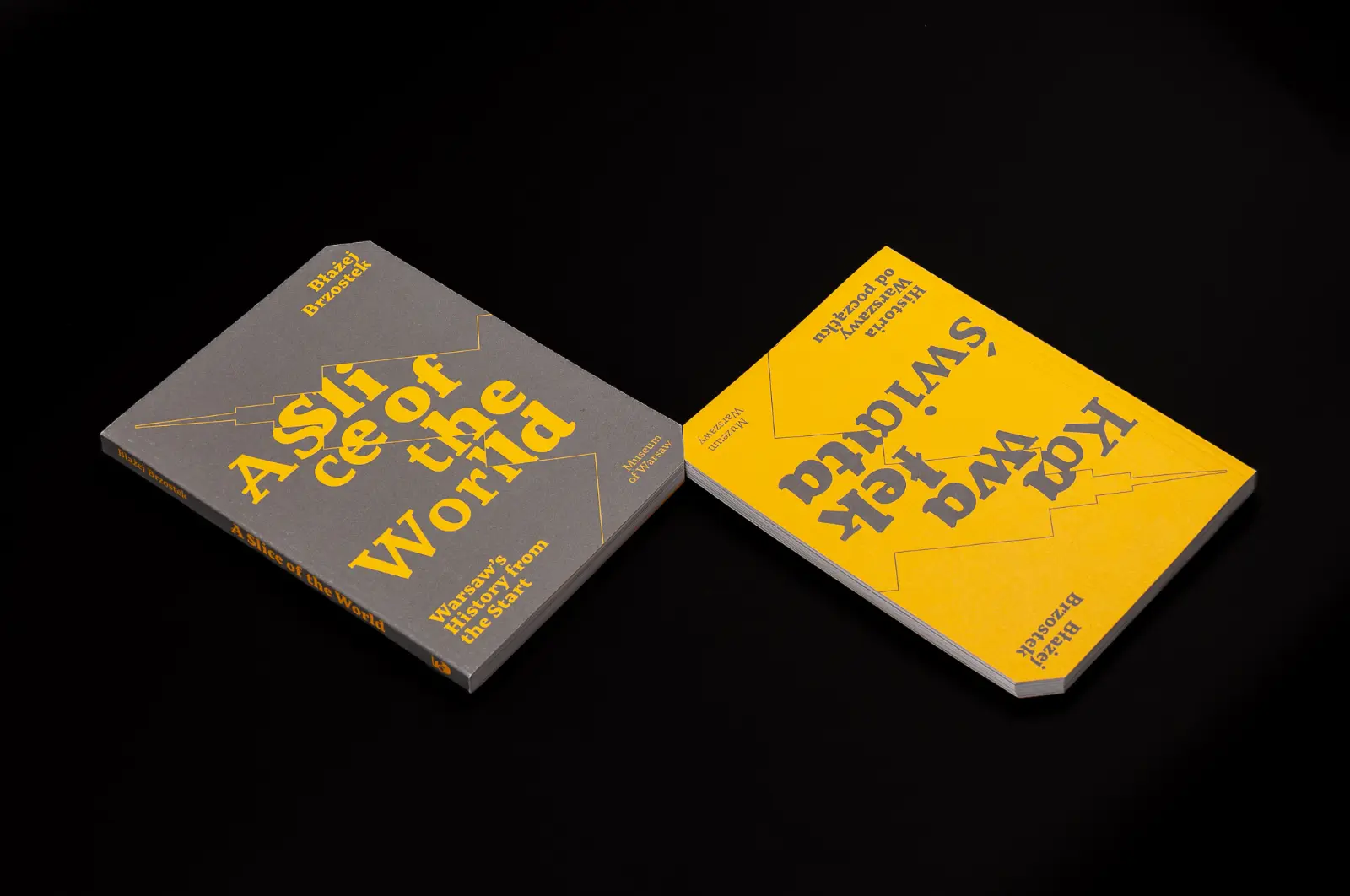 Two versions of the cover for the book “A Slice of the World.” The yellow Polish variant, and the gray English one.