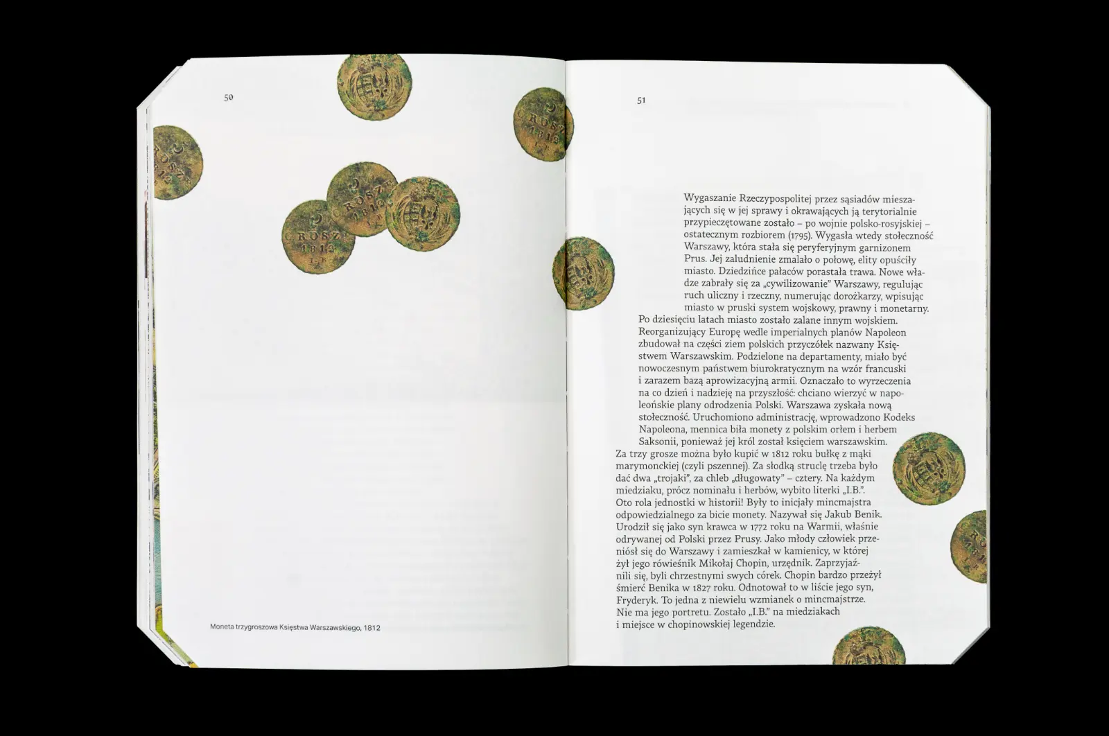 A spread from the book with a column of text and an illustration depicting scattered coins.