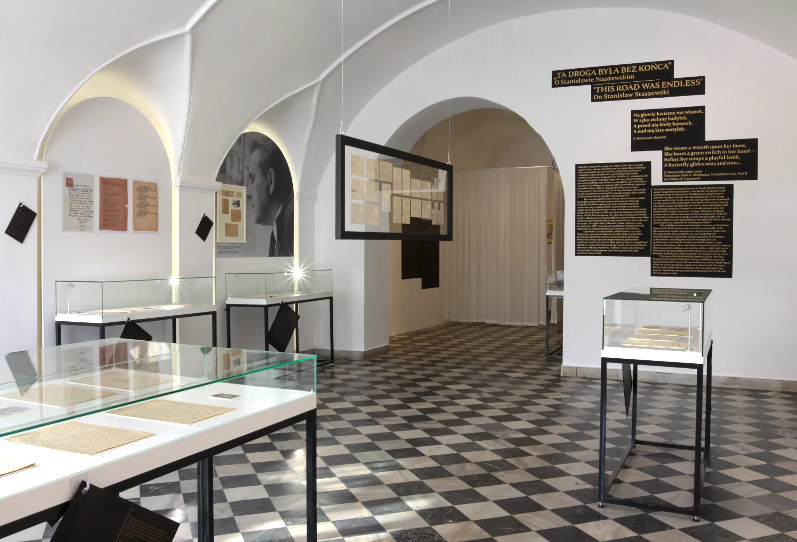 Główna sala wystawowa z łukowym sklepieniem, szklanymi gablotami i tablicami wprowadzającymi.