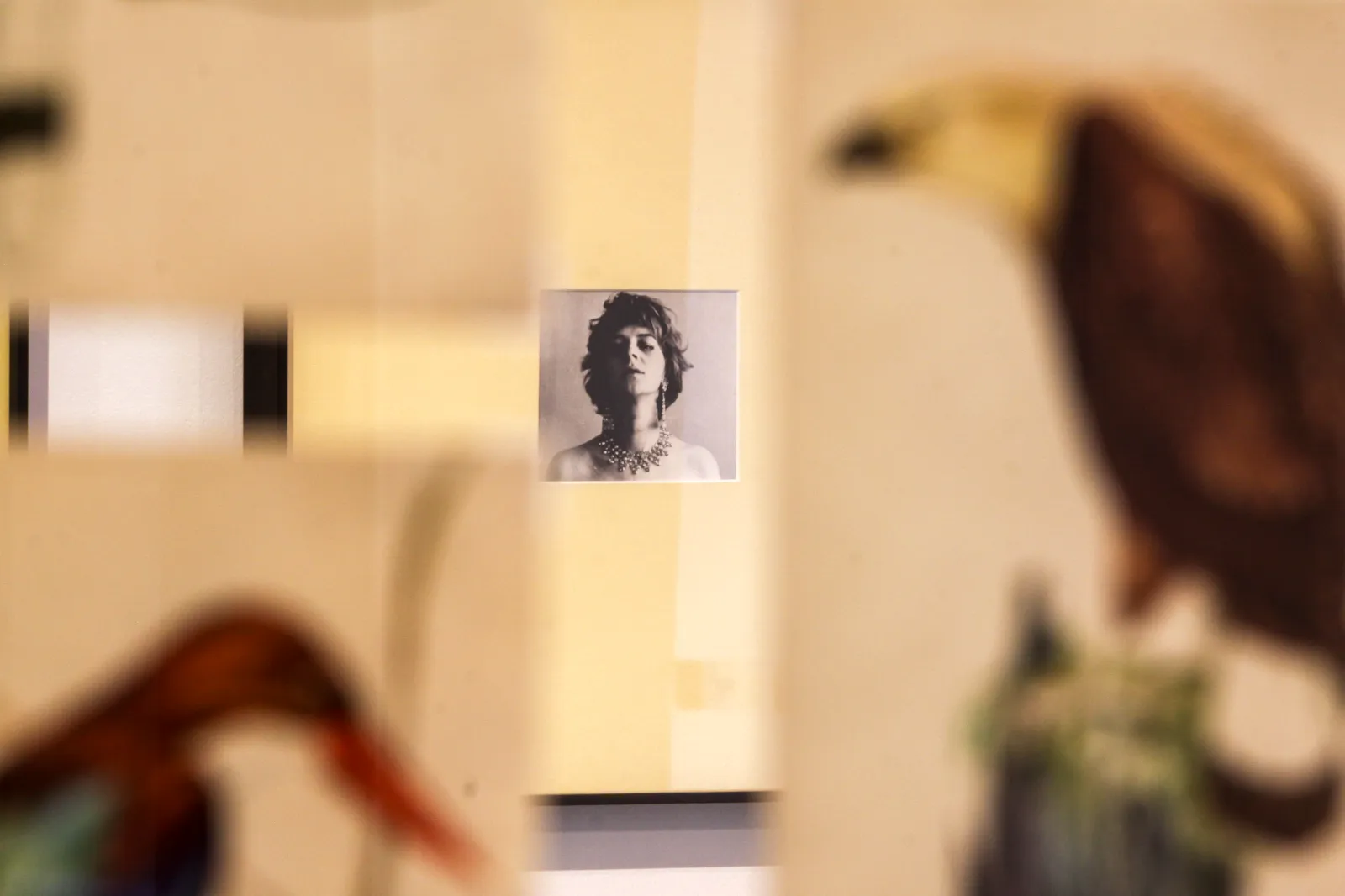 Artystyczne zbliżenie na czarno-biały portret żony artysty w naszyjniku, widziany przez rozmyte elementy ekspozycji.