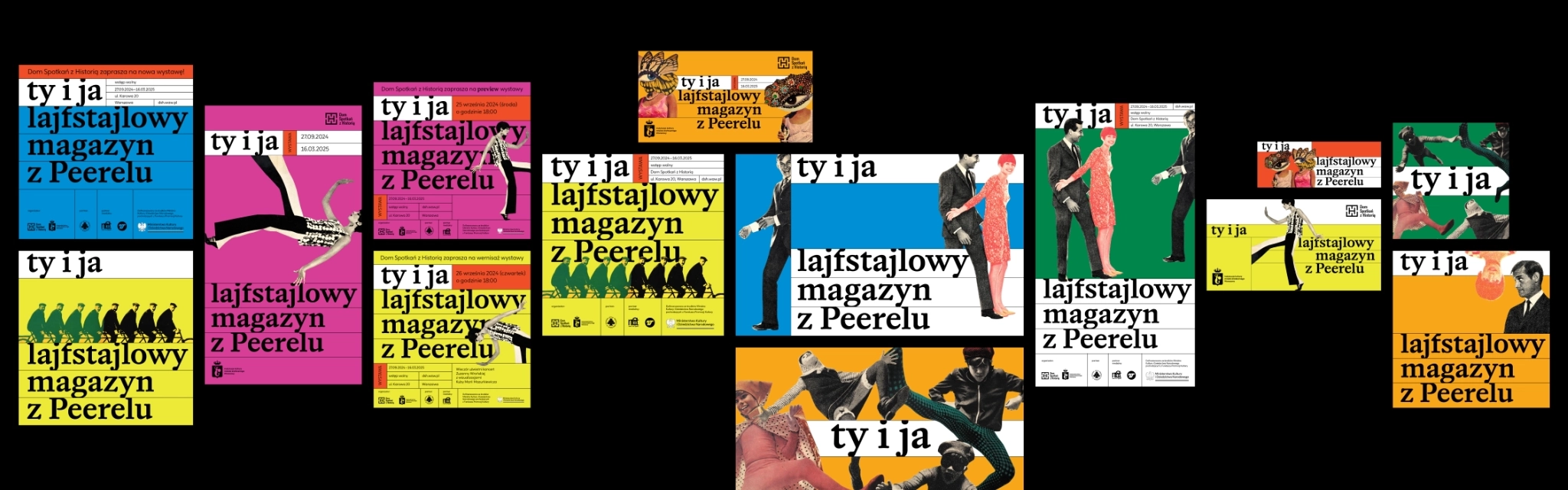 Przegląd identyfikacji wizualnej na czarnym tle: plakaty, banery i grafiki do mediów społecznościowych w kolorach żółtym, różowym, niebieskim, zielonym i pomarańczowym, wszystkie z winietą „Ty i Ja” i kolażami ze zdjęć z lat 60.