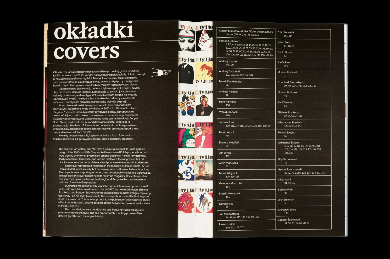 Rozkładówka katalogu „okładki / covers” na czarnym tle: dwujęzyczny tekst na czarnej stronie, wąski pas z reprodukcjami okładek i tabela autorów okładek z numerami wydań.