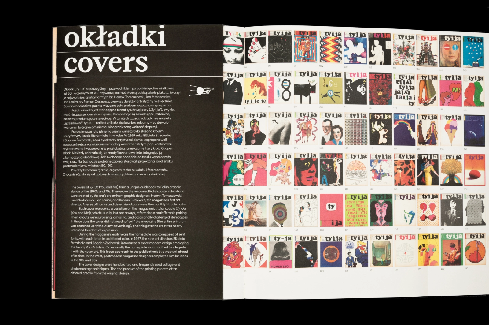 Rozkładówka katalogu „okładki / covers” na czarnym tle: dwujęzyczny tekst po lewej, a po prawej siatka około siedemdziesięciu małych reprodukcji kolorowych okładek magazynu.