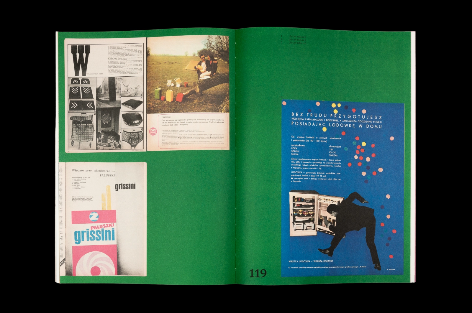 Rozkładówka katalogu na zielonym tle, strona 119: reprodukcje reklam z magazynu, m.in. paluszków grissini i lodówki – na niebieskim tle mężczyzna skacze w stronę otwartej lodówki.