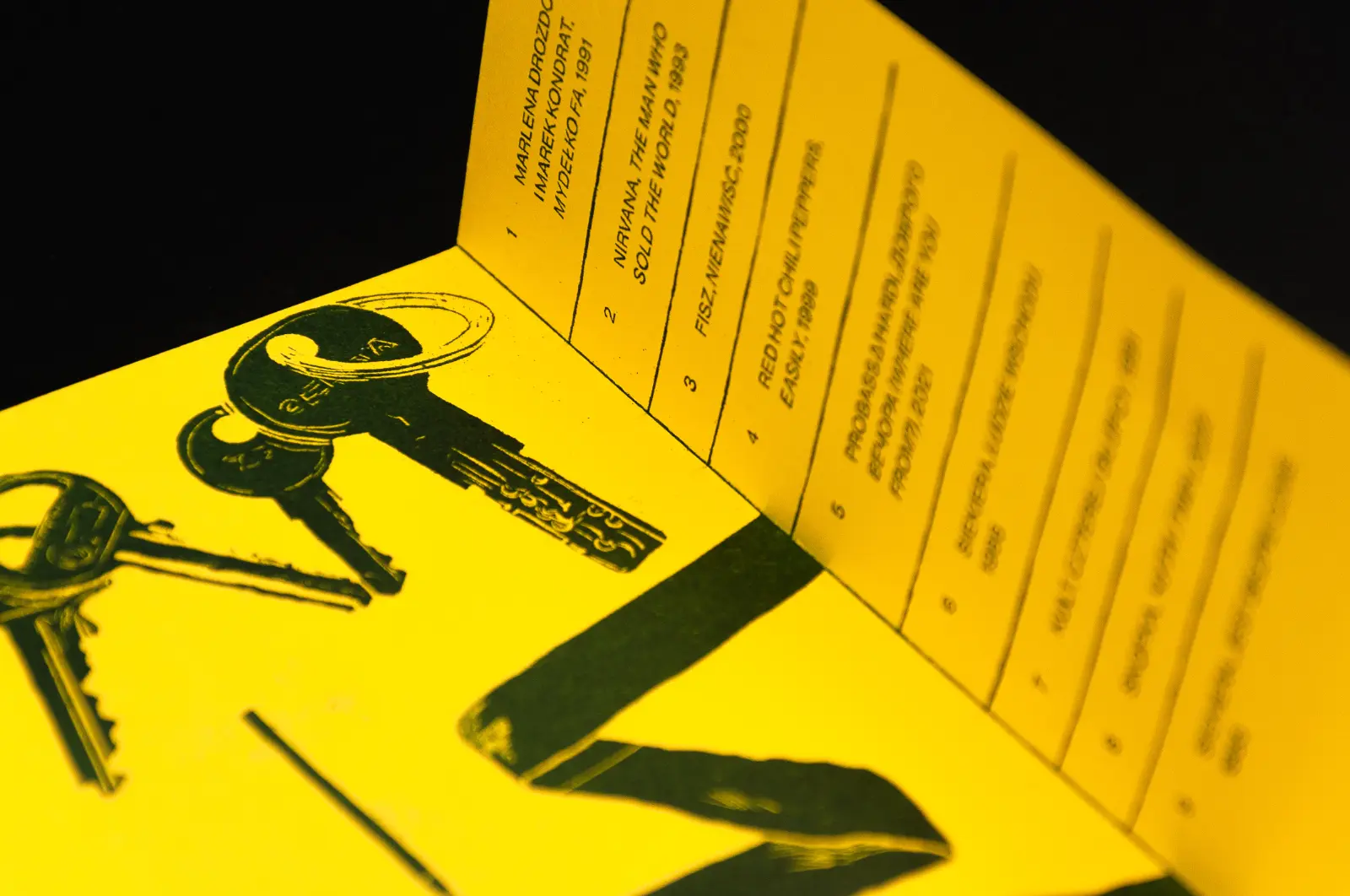 Odchylone skrzydełko okładki zina z widokiem playlisty ścieżki dźwiękowej komiksu.