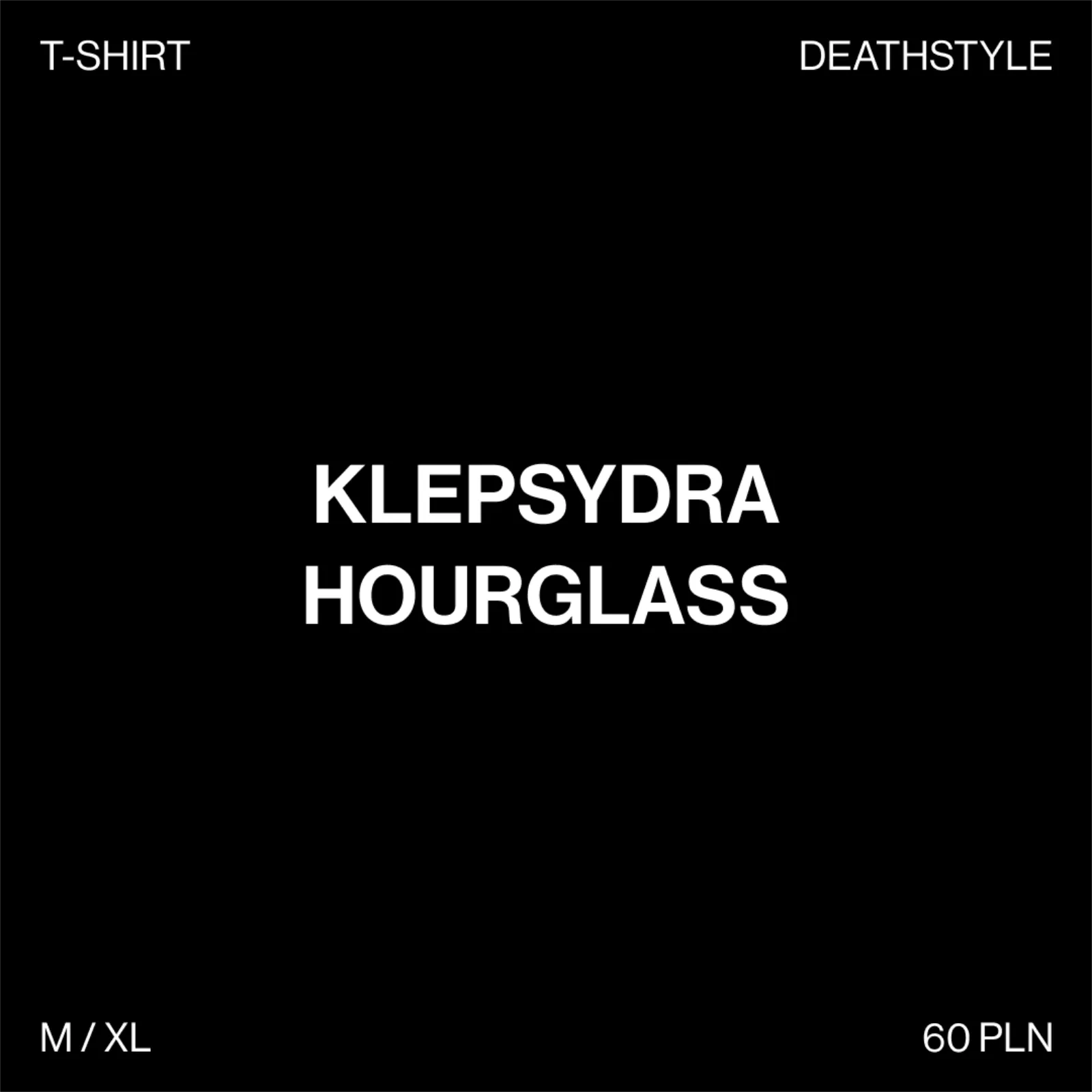 Czarna grafika z białym napisem &lsquo;klepsydra&rsquo;